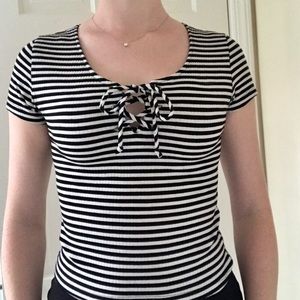 Active USA Striped B&W Slightly Cropped T-shirt